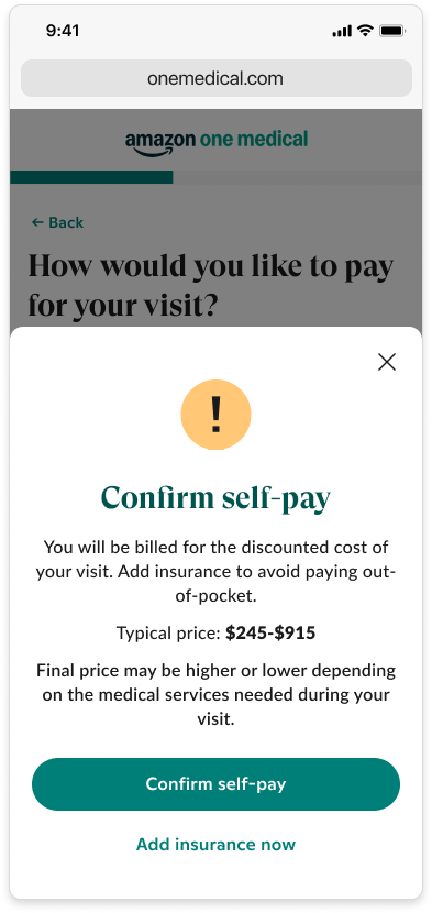 Confirm self-pay sheet on mobile web with a typical price of $245 to $915