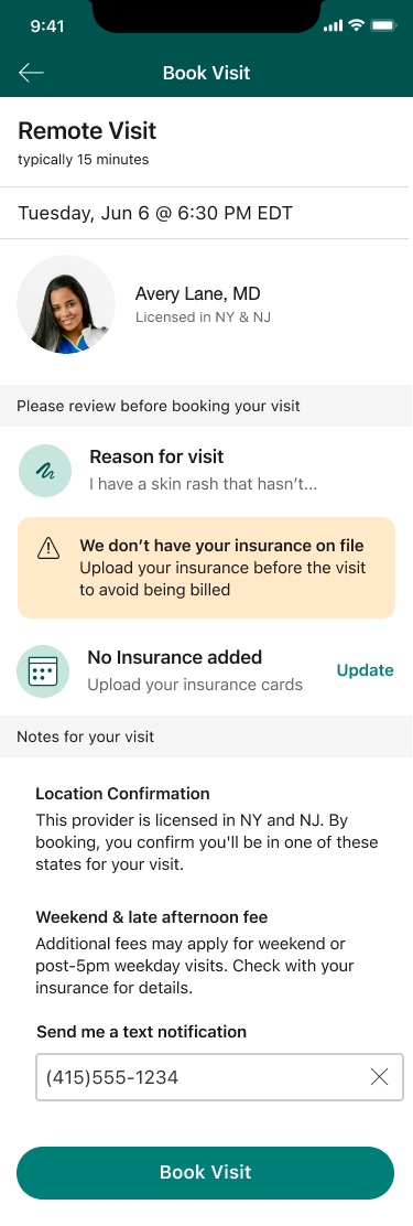 Book Visit screen with an orange alert: we don’t have your insurance on file