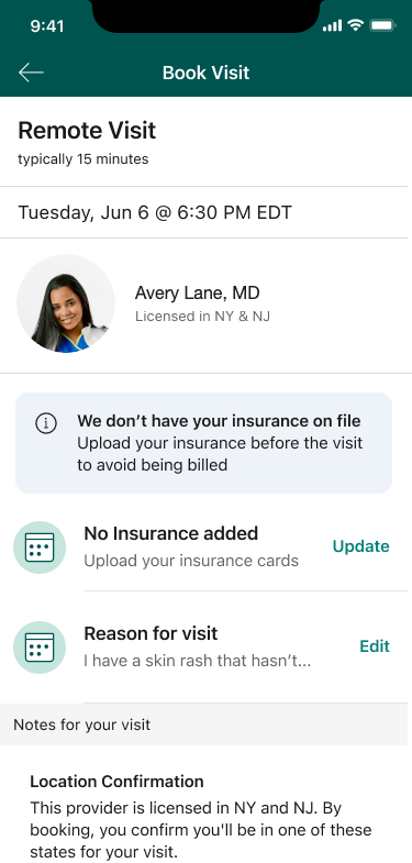 Book Visit screen with a soft blue note about missing insurance