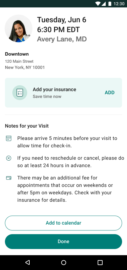 Android visit booked screen with an Add your insurance card