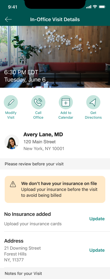 Visit details screen with an insurance alert