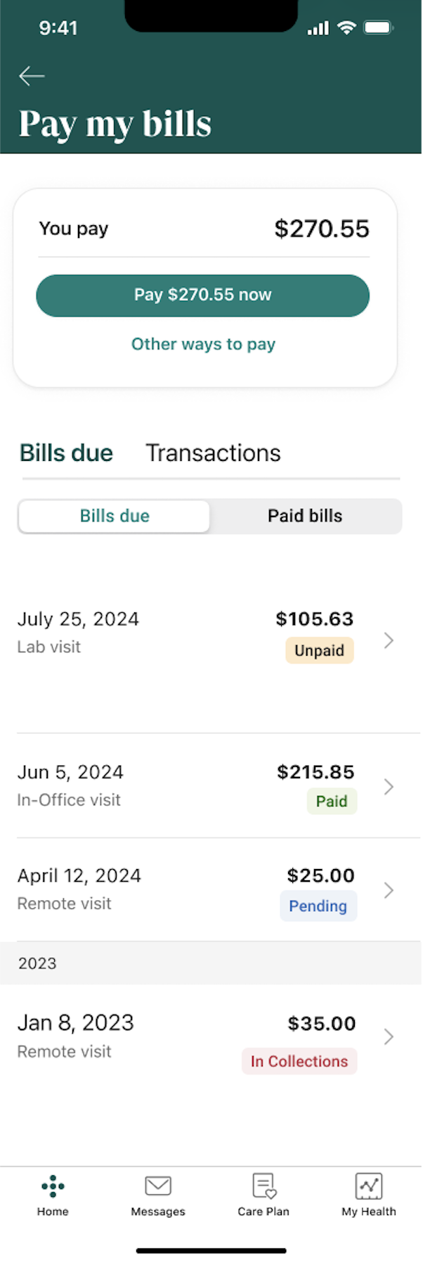 Pay my bills: $270.55 due with Pay now, bills listed by date with Unpaid, Paid, Pending and In Collections states.