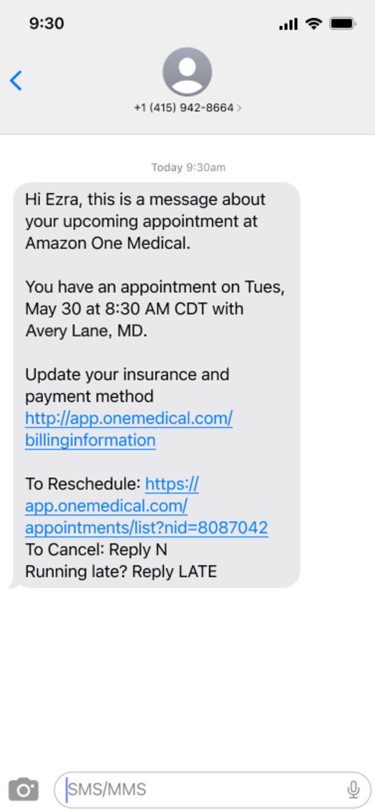 Appointment text message with a link to update insurance and payment method before the visit.