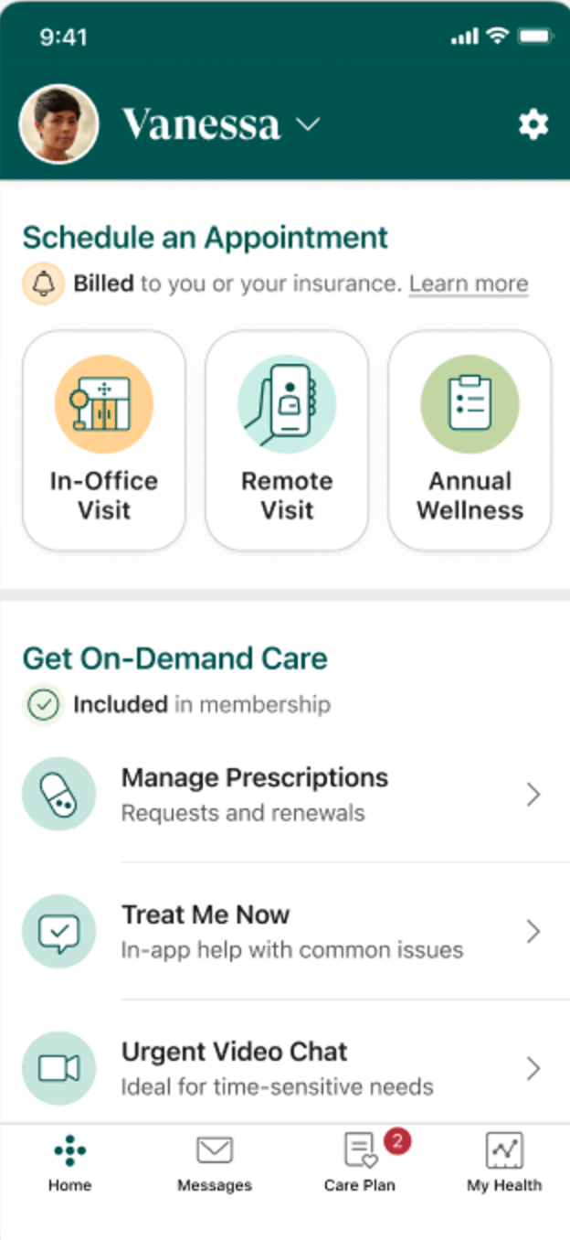 App home: Schedule an Appointment labeled Billed to you or your insurance, and Get On-Demand Care labeled Included in membership.