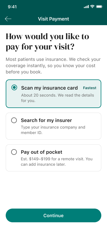 How would you like to pay: scan, search, or self-pay