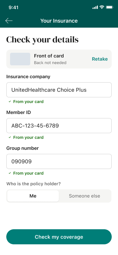 Check your details, pre-filled from the card