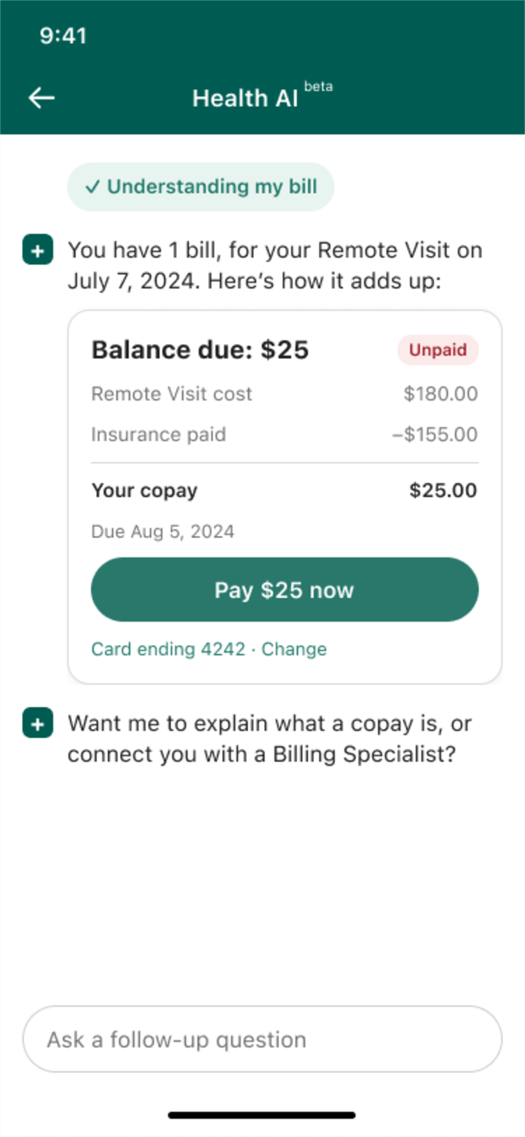 Health AI: balance breakdown and Pay $25 now