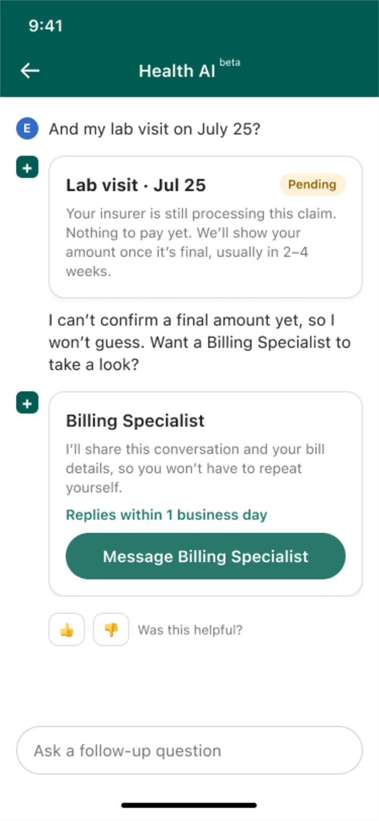 Health AI: pending claim and Billing Specialist handoff