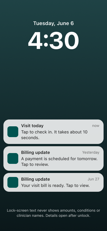 Lock screen: no amounts or names, details after unlock